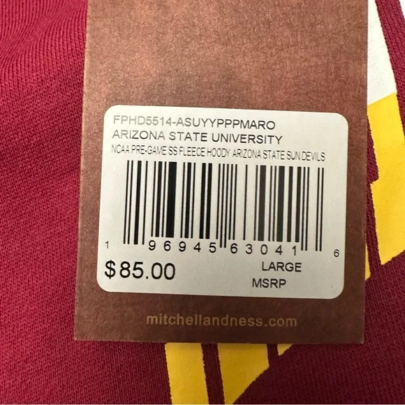 Mitchell & Ness Arizona State Sun Devils Pregame Hoodie Size Large Maroon Fleece